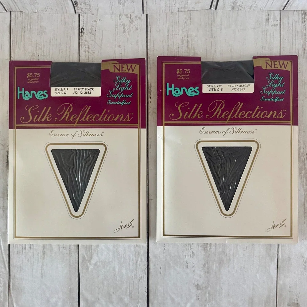 2PK Vintage Hanes Silk Reflections Pantyhose Barely Black Size C-D Style 719 USA